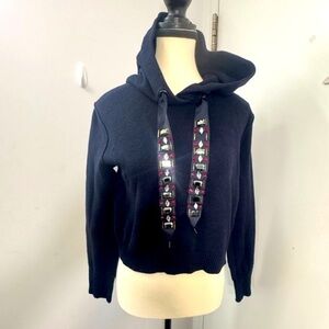 Zara Knit Cropped Hoodie Size M Navy Blue Jeweled Drawstrings Long Sleeve